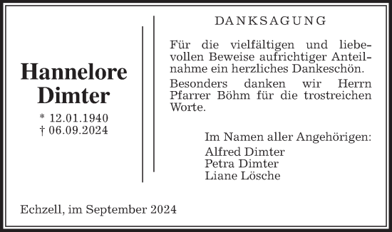 Traueranzeige von Hannelore Dimter von Wetterauer Zeitung