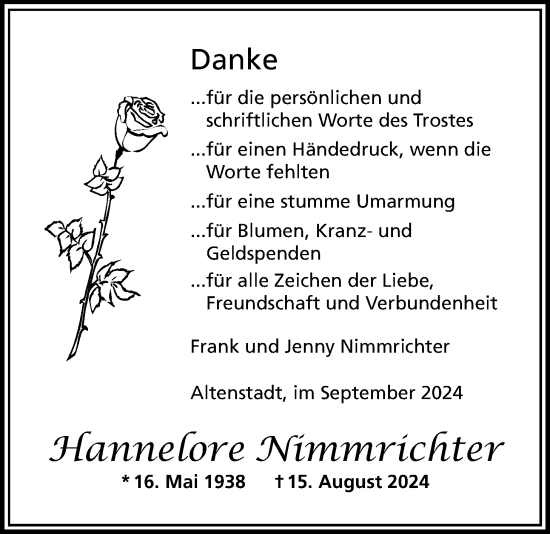 Traueranzeige von Hannelore Nimmrichter von Kreis-Anzeiger, Wetterauer Zeitung