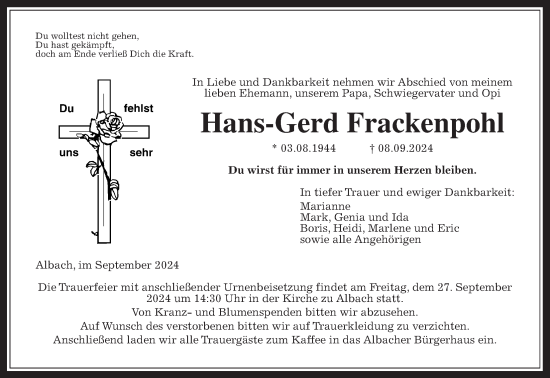 Traueranzeige von Hans-Gerd Frackenpohl von Giessener Allgemeine, Alsfelder Allgemeine
