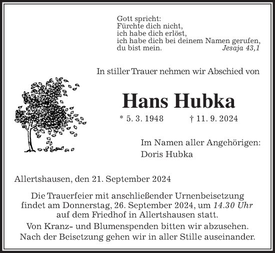 Traueranzeige von Hans Hubka von Giessener Allgemeine, Alsfelder Allgemeine, Giessener Anzeiger