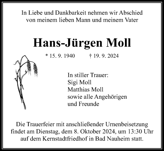 Traueranzeige von Hans-Jürgen Moll von Wetterauer Zeitung