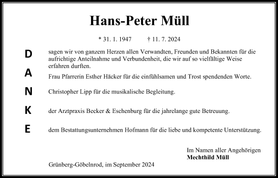 Traueranzeige von Hans-Peter Müll von Giessener Allgemeine, Alsfelder Allgemeine