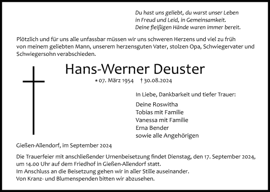 Traueranzeige von Hans-Werner Deuster von Giessener Anzeiger