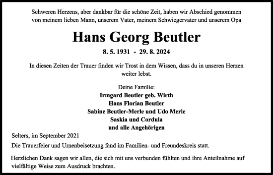 Traueranzeige von Hans Georg Beutler von Kreis-Anzeiger