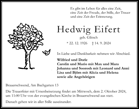 Traueranzeige von Hedwig Eifert von Lauterbacher Anzeiger, 