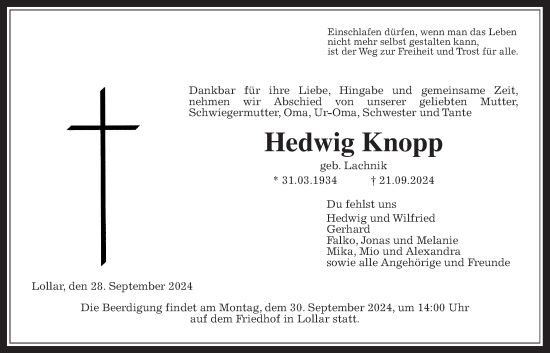 Traueranzeige von Hedwig Knopp von Giessener Anzeiger