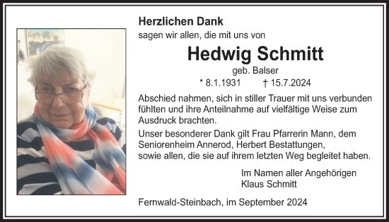Traueranzeige von Hedwig Schmitt von Licher Wochenblatt