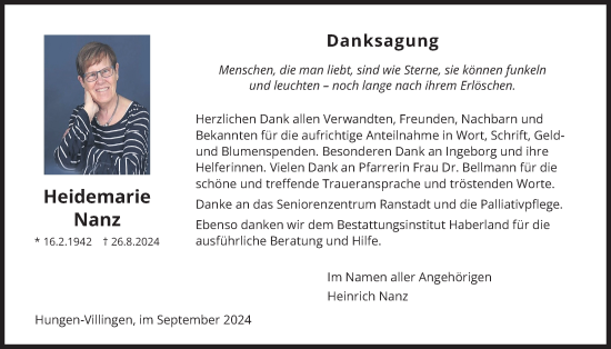 Traueranzeige von Heidemarie Nanz von Giessener Allgemeine, Alsfelder Allgemeine