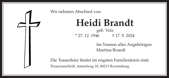 Traueranzeige von Heidi Brandt von Wetterauer Zeitung