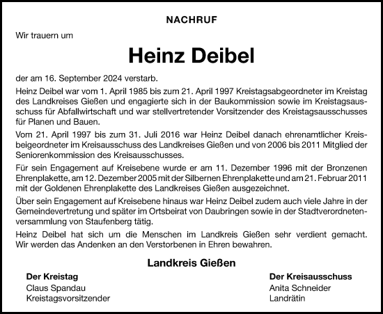 Traueranzeige von Heinz Deibel von Giessener Allgemeine, Alsfelder Allgemeine, Giessener Anzeiger