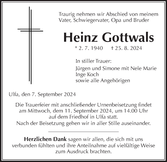 Traueranzeige von Heinz Gottwals von Kreis-Anzeiger