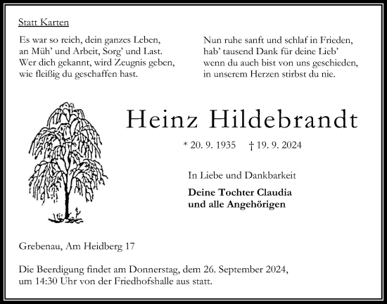 Traueranzeige von Heinz Hildebrandt von Oberhessische Zeitung