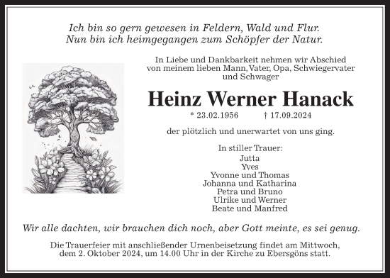 Traueranzeige von Heinz Werner Hanack von Butzbacher Zeitung