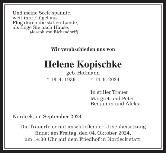 Traueranzeige von Helene Kopischke von Allendorfer Mitteilungen
