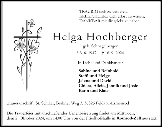 Traueranzeige von Helga Hochberger von Oberhessische Zeitung