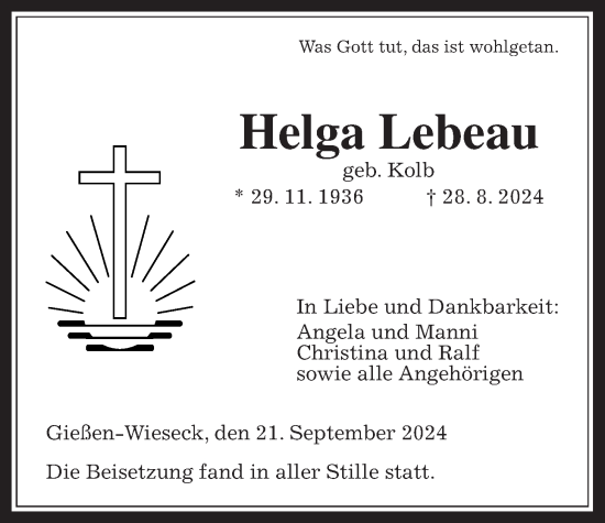 Traueranzeige von Helga Lebeau von Giessener Allgemeine, Alsfelder Allgemeine, Giessener Anzeiger