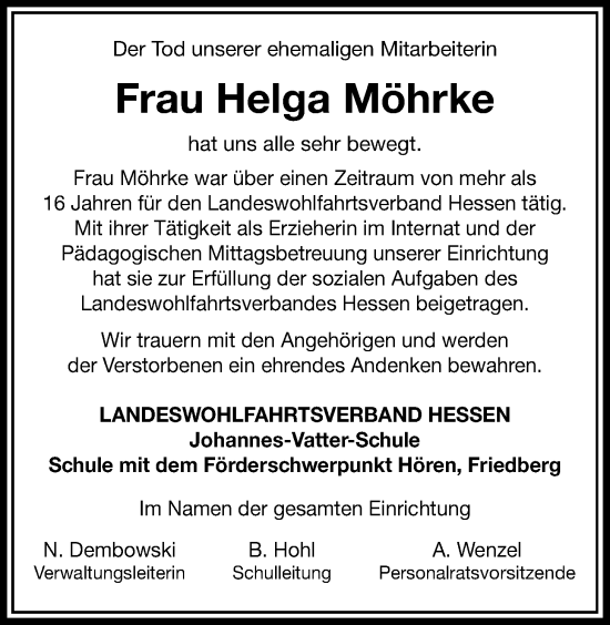 Traueranzeige von Helga Möhrke von Wetterauer Zeitung