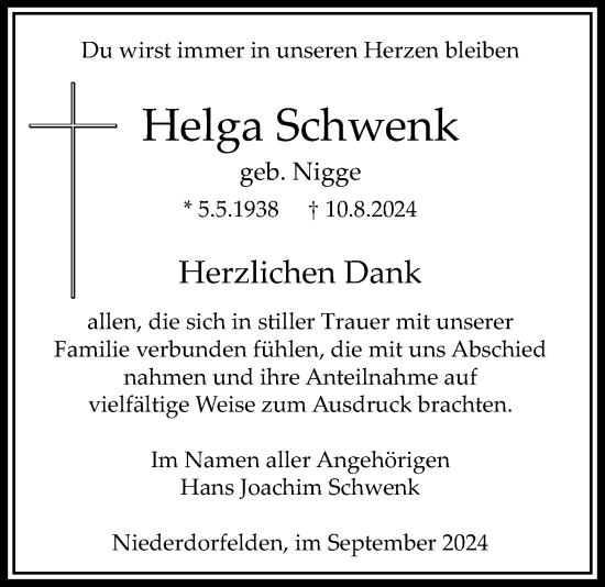 Traueranzeige von Helga Schwenk von Bad Vilbel/Karben