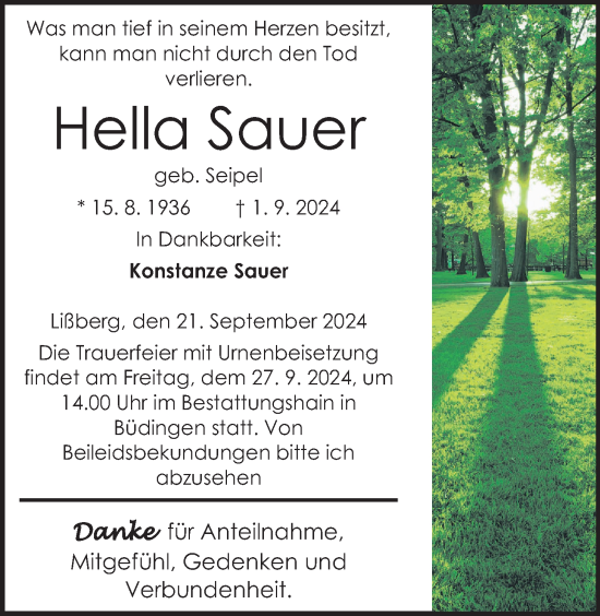 Traueranzeige von Hella Sauer von Kreis-Anzeiger