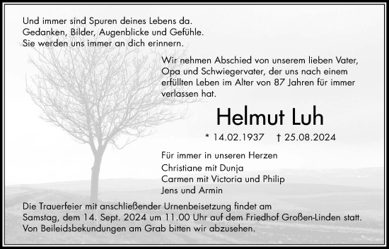 Traueranzeige von Helmut Luh von Giessener Allgemeine, Alsfelder Allgemeine
