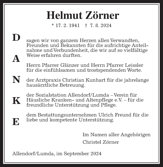 Traueranzeige von Helmut Zörner von Giessener Allgemeine, Alsfelder Allgemeine, Allendorfer Mitteilungen