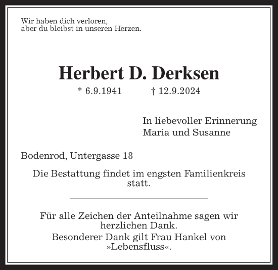 Traueranzeige von Herbert  Derksen von Butzbacher Zeitung