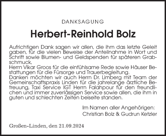 Traueranzeige von Herbert-Reinhold Bolz von Giessener Allgemeine, Alsfelder Allgemeine