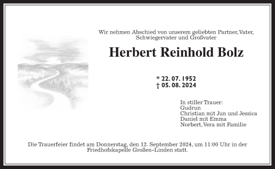 Traueranzeige von Herbert Reinhold Bolz von Giessener Allgemeine, Alsfelder Allgemeine