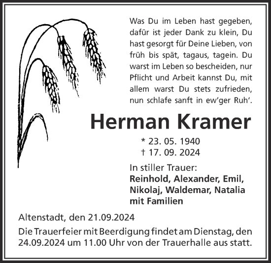 Traueranzeige von Herman Kramer von Kreis-Anzeiger