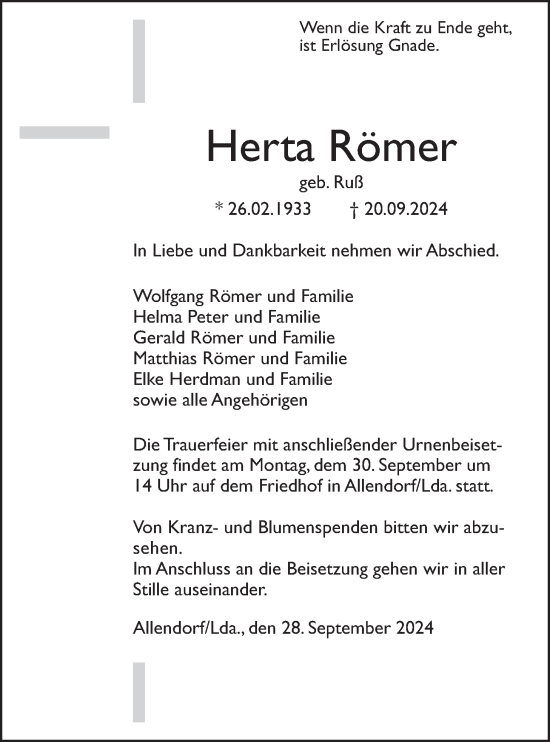 Traueranzeige von Herta Römer von Giessener Allgemeine, Alsfelder Allgemeine