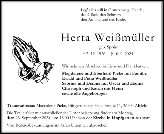 Traueranzeige von Herta Weißmüller von Oberhessische Zeitung, 