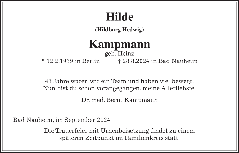  Traueranzeige für Hilde Kampmann vom 14.09.2024 aus Wetterauer Zeitung