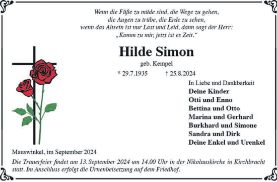Traueranzeige von Hilde Simon von Kreis-Anzeiger