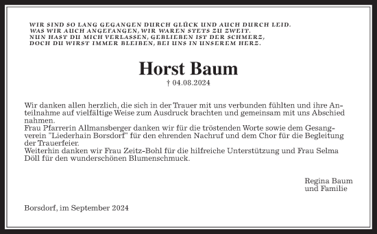 Traueranzeige von Horst Baum von Kreis-Anzeiger