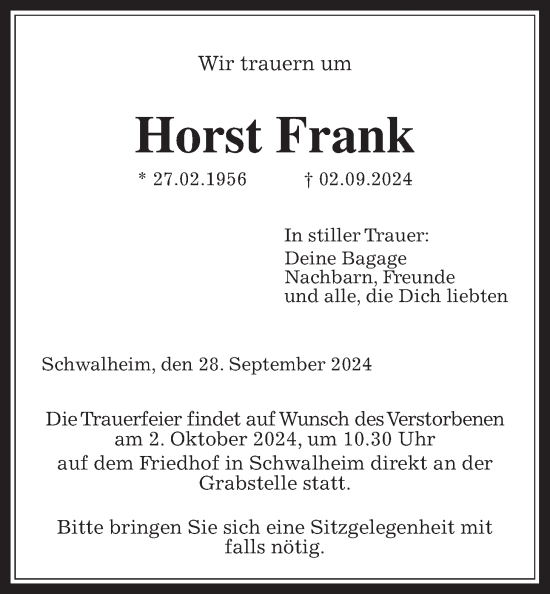 Traueranzeige von Horst Frank von Wetterauer Zeitung