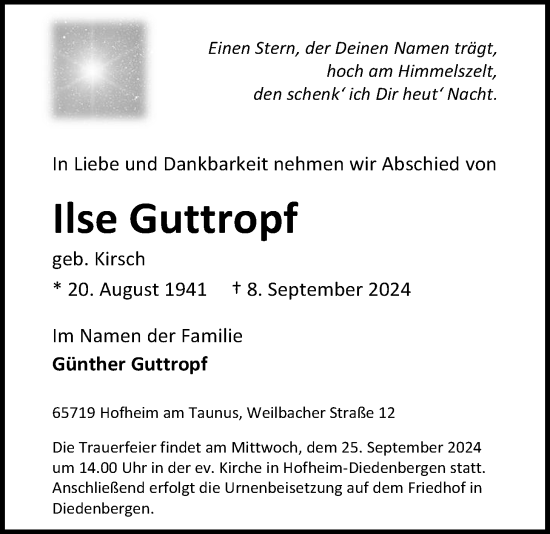 Traueranzeige von Ilse Guttropf 