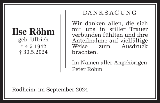 Traueranzeige von Ilse Röhm von Wetterauer Zeitung