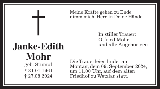 Traueranzeige von Janke-Edith Mohr von Giessener Allgemeine, Alsfelder Allgemeine