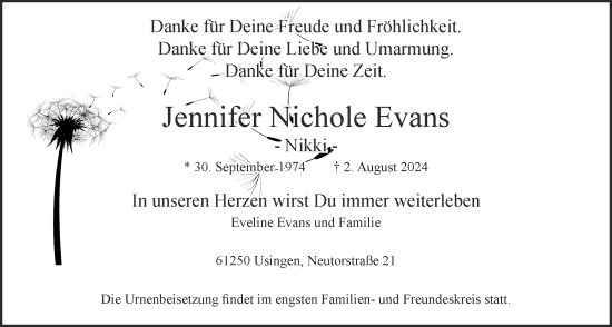 Traueranzeige von Jennifer Nichole Evans von Usinger Anzeigenblatt