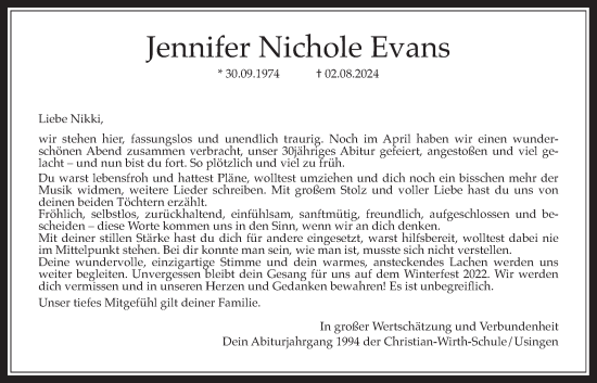 Traueranzeige von Jennifer Nichole Evans von Usinger Anzeiger
