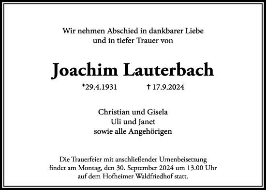 Traueranzeige von Joachim Lauterbach 