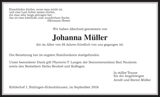 Traueranzeige von Johanna Müller von Kreis-Anzeiger