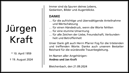 Traueranzeige von Jürgen Kraft von Kreis-Anzeiger