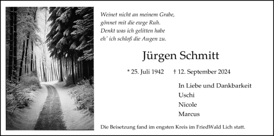 Traueranzeige von Jürgen Schmitt von Giessener Allgemeine, Alsfelder Allgemeine, Giessener Anzeiger