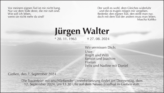 Traueranzeige von Jürgen Walter von Giessener Anzeiger, Giessener Allgemeine, Alsfelder Allgemeine