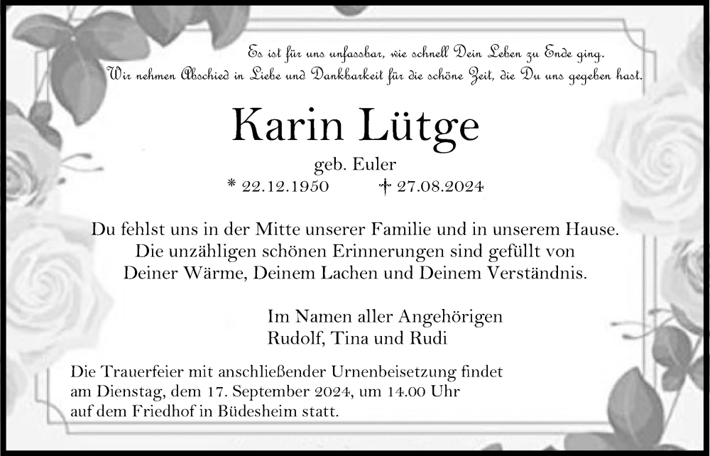  Traueranzeige für Karin Lütge vom 12.09.2024 aus Bad Vilbel/Karben