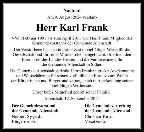 Traueranzeige von Karl Frank von Kreis-Anzeiger