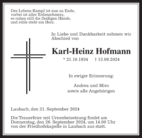 Traueranzeige von Karl-Heinz Hofmann von Giessener Allgemeine, Alsfelder Allgemeine