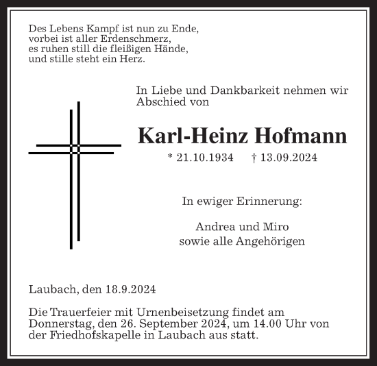 Traueranzeige von Karl-Heinz Hofmann von Laubacher Anzeiger