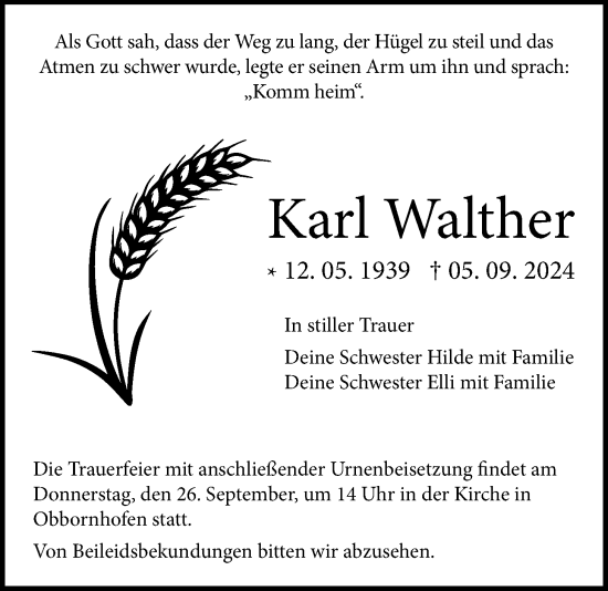 Traueranzeige von Karl Walther von Giessener Allgemeine, Alsfelder Allgemeine